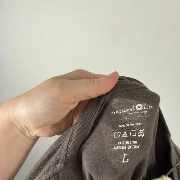 Natural Life Grey 'Be Happy' Long Sleeve T-Shirt Boho 100% Cotton Womens Large - Picture 7 of 7